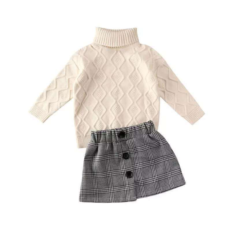 Turtleneck sweater + plaid skirt suit - Plush Fashions Shop 