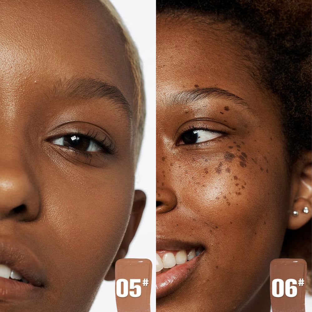 PHOFAY Super Coverage Concealer before and after application on diverse skin tones, showcasing natural full-coverage.