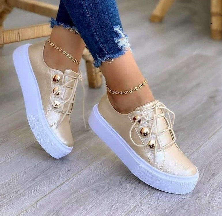 Lace-up Flats Sneakers Women Rivet Casual Shoes For Women - Plush Fashions Shop 