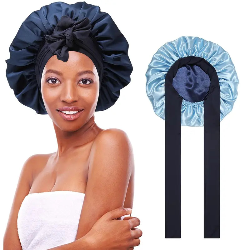 "AWAYTR Double Layered Satin Night Caps for Women - Silk Bonnet Hair Care Sleeping Hat with Elastic Tie Band"