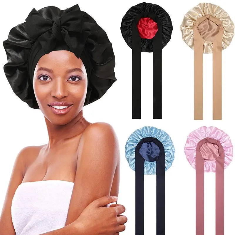 "AWAYTR Double Layered Satin Night Caps for Women - Silk Bonnet Hair Care Sleeping Hat with Elastic Tie Band"