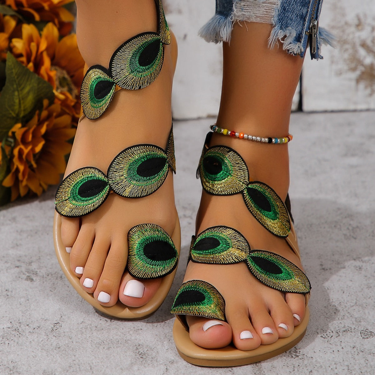 Fashion Peacock Embroidery Pattern Flat Summer Vacation  Beach Shoes For Women - Plush Fashions Shop 