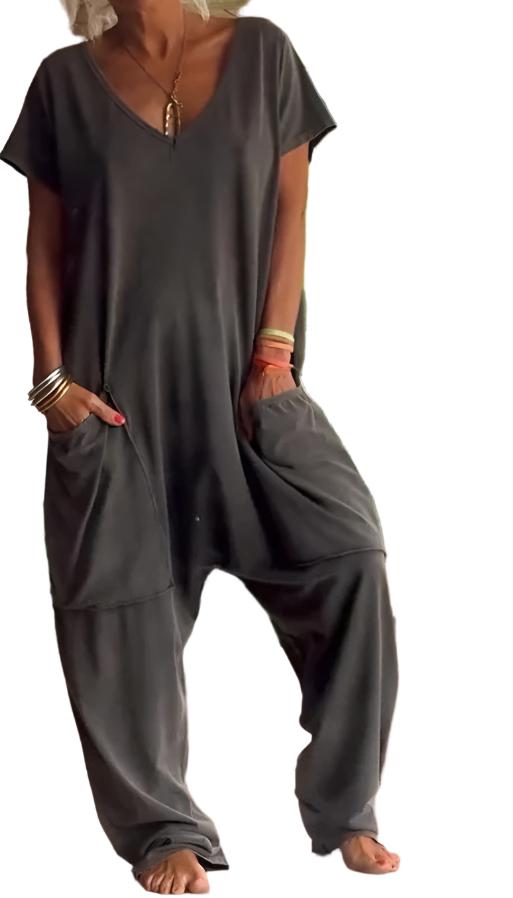 Womens Solid Color V-neck Oversized Pocket Jumpsuit - Plush Fashions Shop 