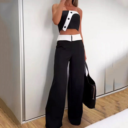 Fashion Hot Girl Vest High Waist Wide Leg Pants Color Matching Suit - Plush Fashions Shop 