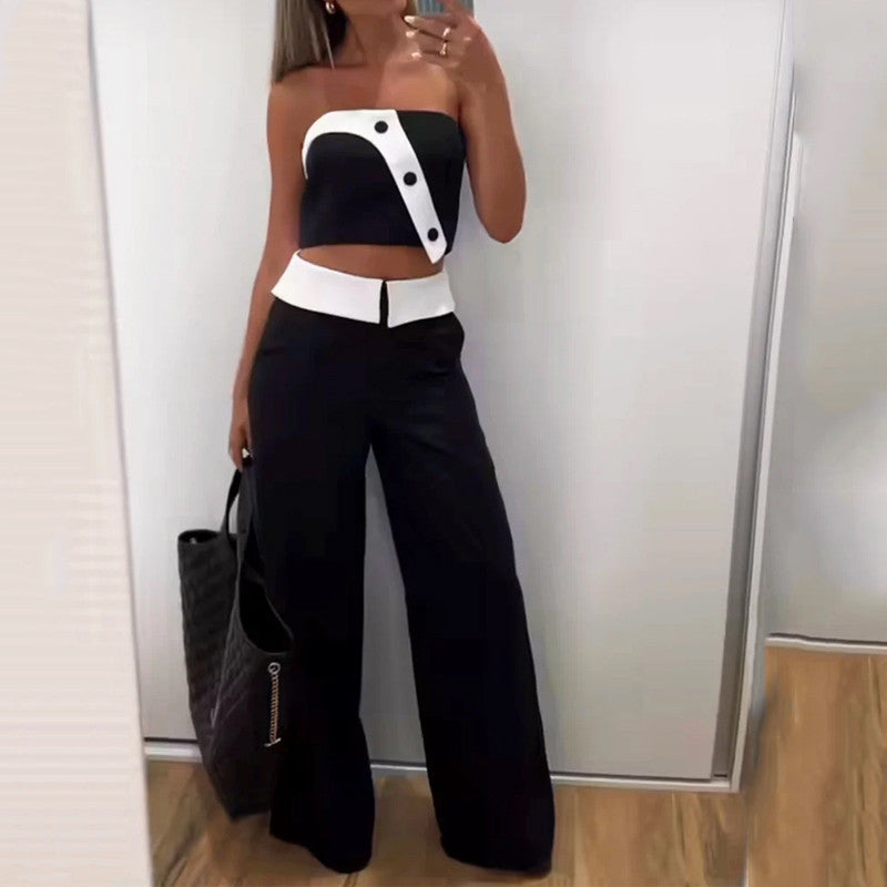 Fashion Hot Girl Vest High Waist Wide Leg Pants Color Matching Suit - Plush Fashions Shop 