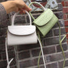 Luxury handbags for women in white and green leather displayed against brick wall.