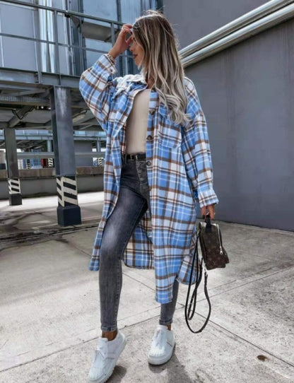 New Style Lengthened Plaid Shirt Women's Clothing - Plush Fashions Shop 