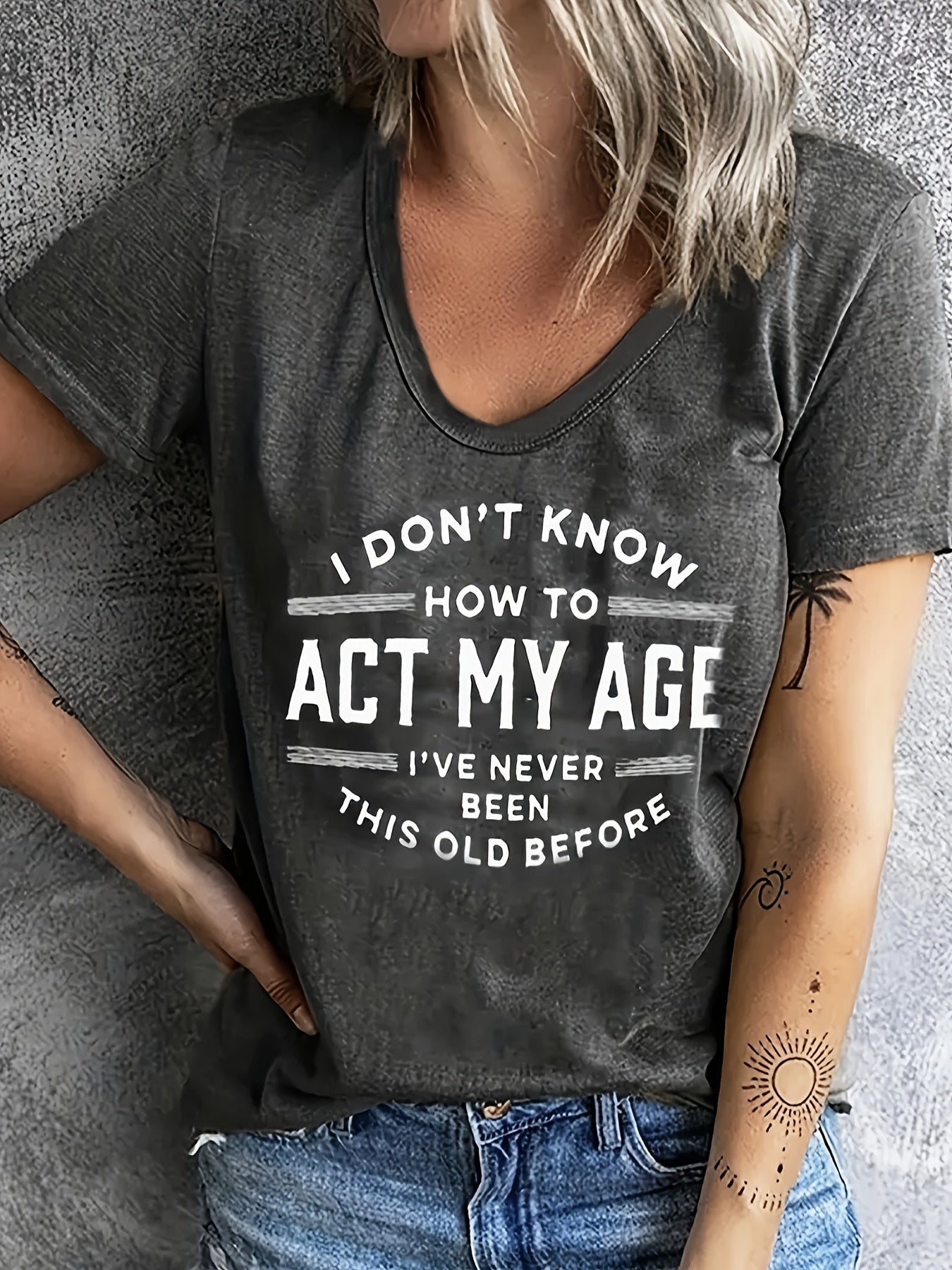 ACT MY AGE Print Crew Neck T-shirt, Casual Short Sleeve Women's Clothing - Plush Fashion Shop