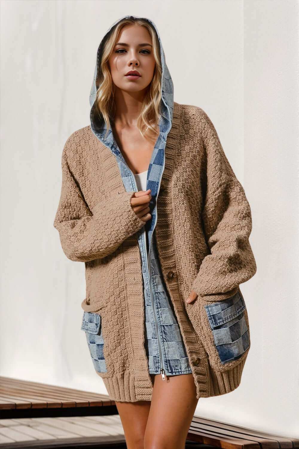 Women's Double Take Full Size Hooded Denim SweaterStay warm and stylish with our Double Take Full Size Hooded Denim Spliced Sweater ! Made with 100% polyester, this cardigan is slightly stretchy for maximum comfort.SweaterPlush Fashion ShopPlush Fashion ShopFull Size Hooded Denim Sweater