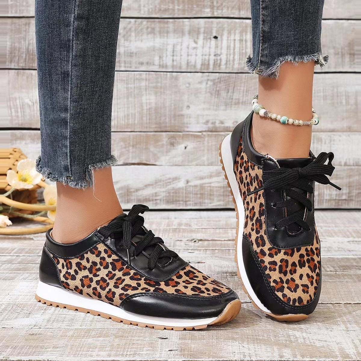 Flat Bottomed Leopard Print Lace Up Casual Sports Shoes - Plush Fashions Shop 