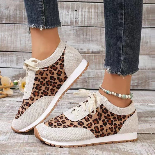 Flat Bottomed Leopard Print Lace Up Casual Sports Shoes - Plush Fashions Shop 