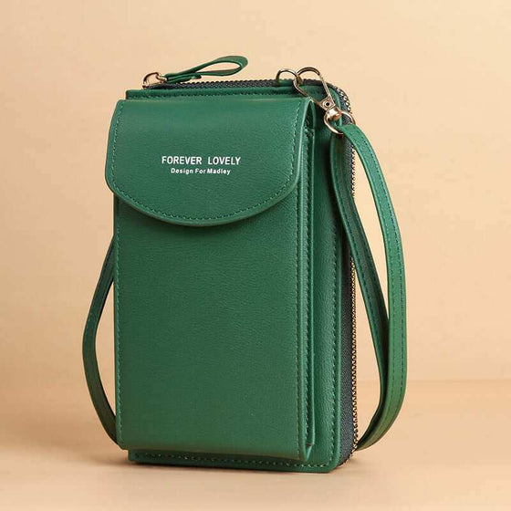 Women mobile phone crossbody large wallet shoulder bag in green PU leather with stylish design.