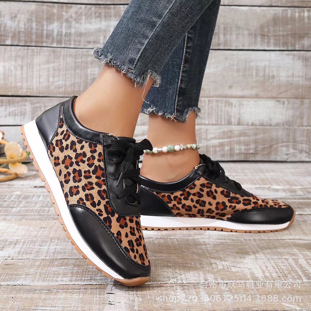 Flat Bottomed Leopard Print Lace Up Casual Sports Shoes - Plush Fashions Shop 