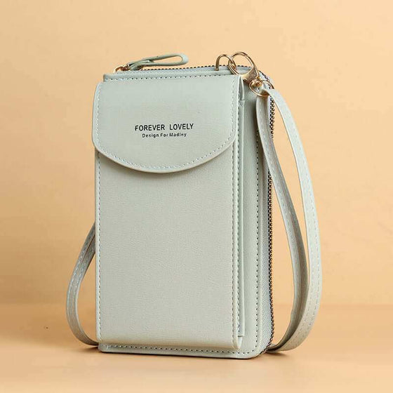 Women mobile phone crossbody large wallet shoulder bag in synthetic leather, mint green color.