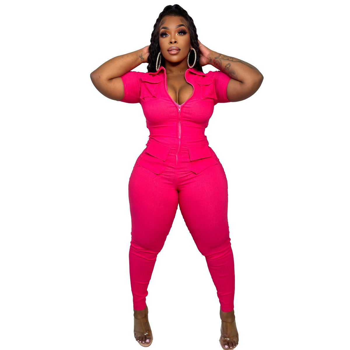 New Women's Clothing Zipper Three-dimensional Pocket Jumpsuit - Plush Fashions Shop 