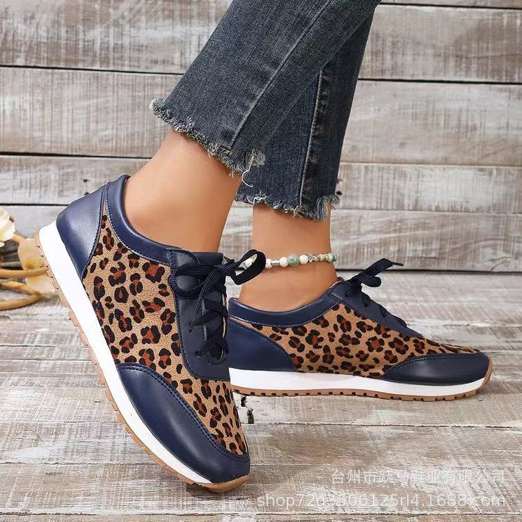 Flat Bottomed Leopard Print Lace Up Casual Sports Shoes - Plush Fashions Shop 