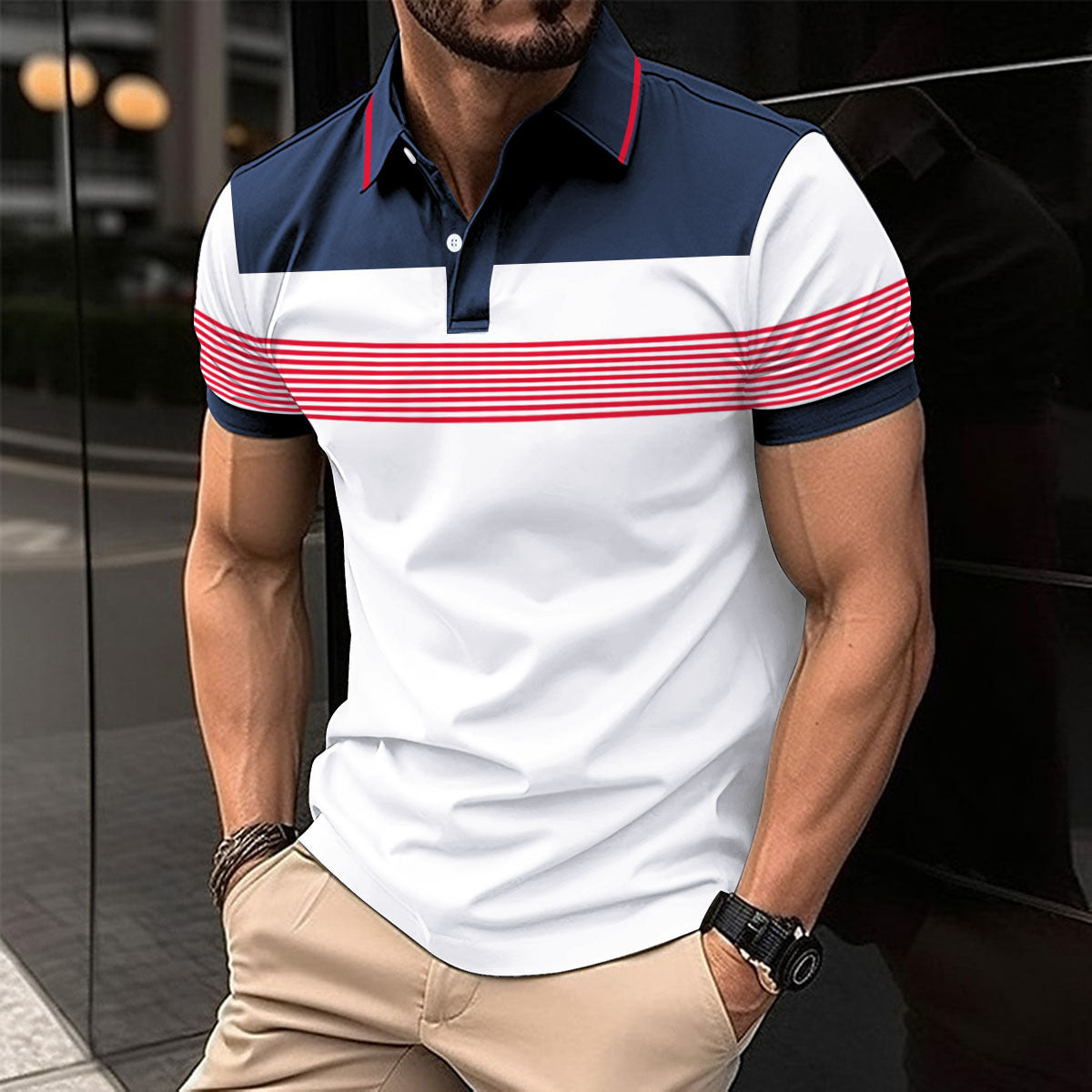 Men's Casual V-neck Button Business Striped All-matching Polot Shirt - Plush Fashions Shop 