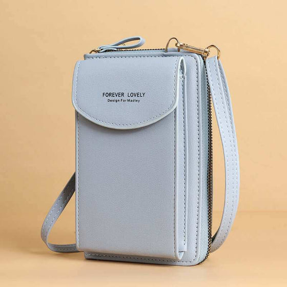 Women mobile phone crossbody large wallet shoulder bag in light blue PU leather, stylish and spacious design.