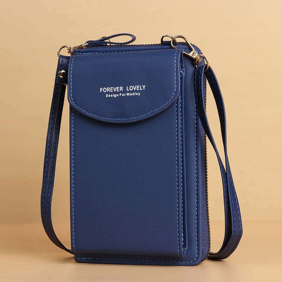 Women mobile phone crossbody large wallet shoulder bag in blue PU leather with synthetic lining, stylish and durable.