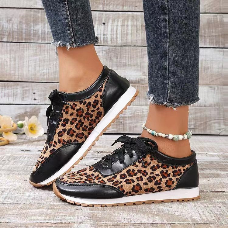 Flat Bottomed Leopard Print Lace Up Casual Sports Shoes - Plush Fashions Shop 