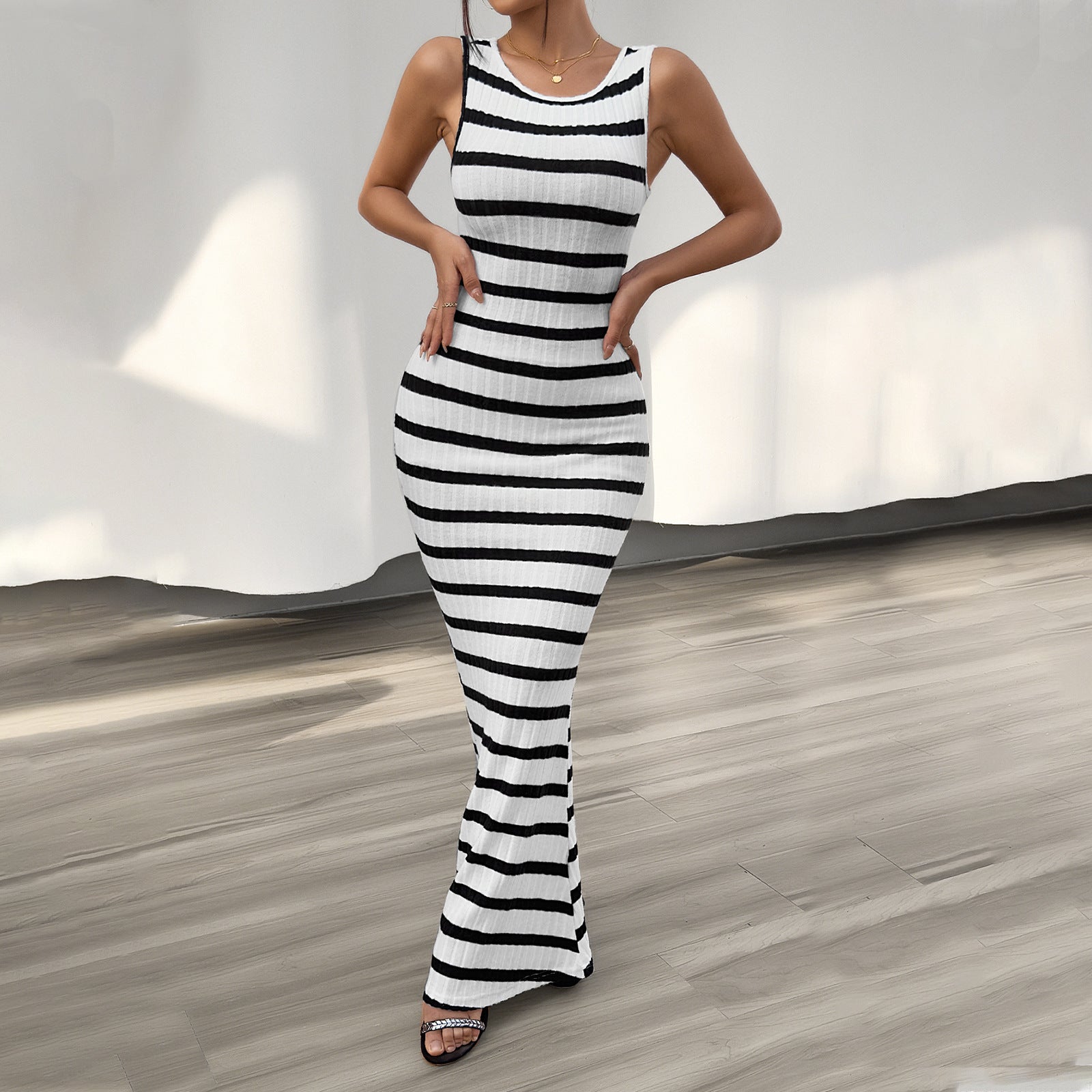 Women's Fashion Temperament Leisure Slim Striped Sleeveless Dress - Plush Fashions Shop 