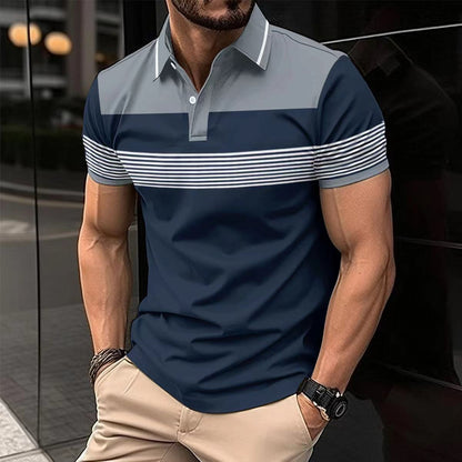 Men's Casual V-neck Button Business Striped All-matching Polot Shirt - Plush Fashions Shop 