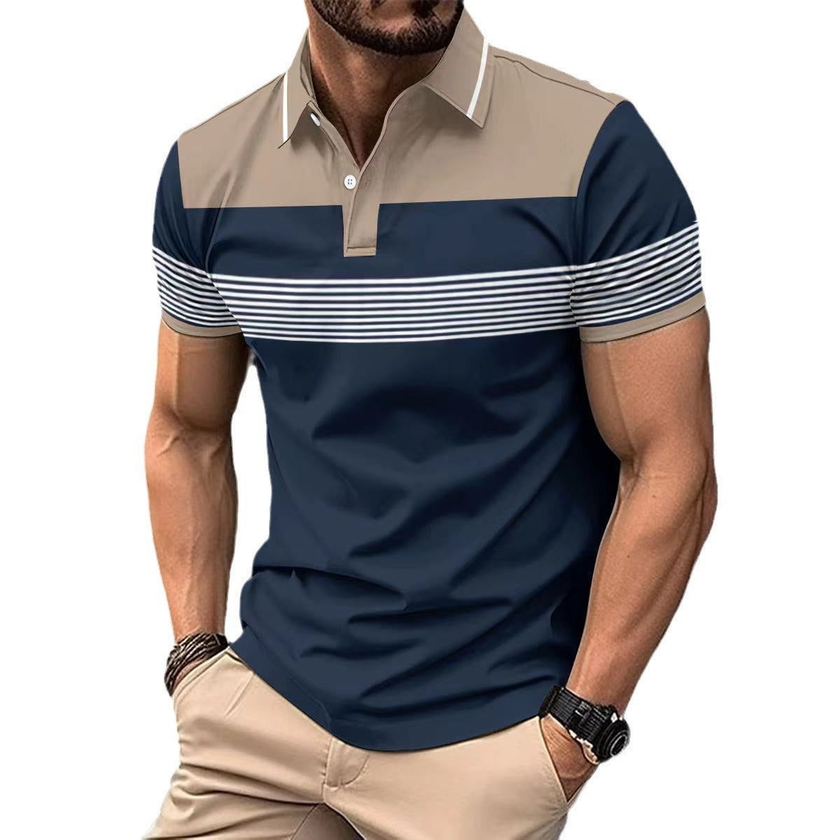 Men's Casual V-neck Button Business Striped All-matching Polot Shirt - Plush Fashions Shop 