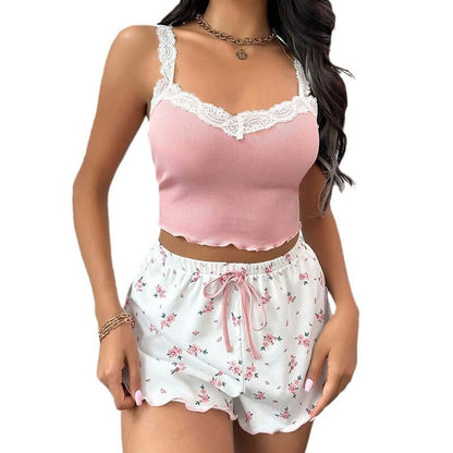 Ladies' Homewear Lace Suspender Shorts Suit - Plush Fashions Shop 