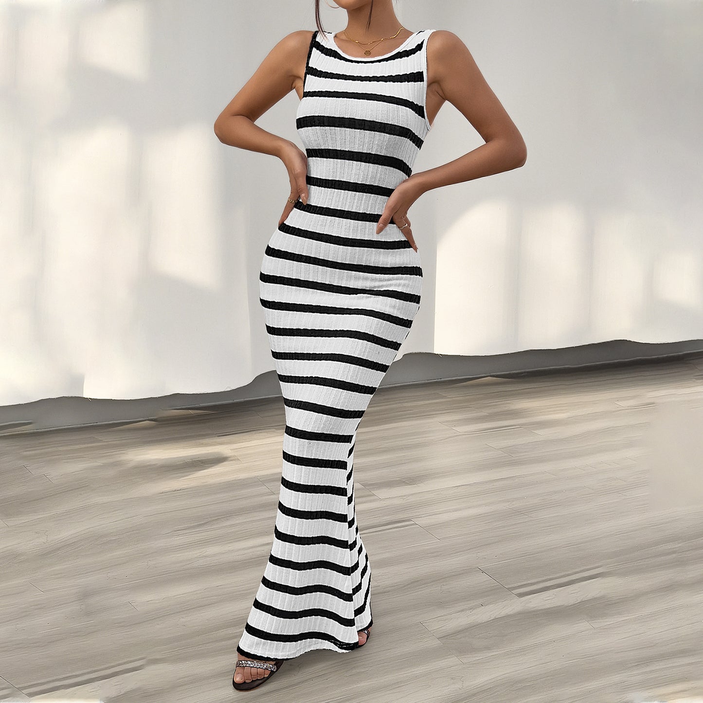 Women's Fashion Temperament Leisure Slim Striped Sleeveless Dress - Plush Fashions Shop 