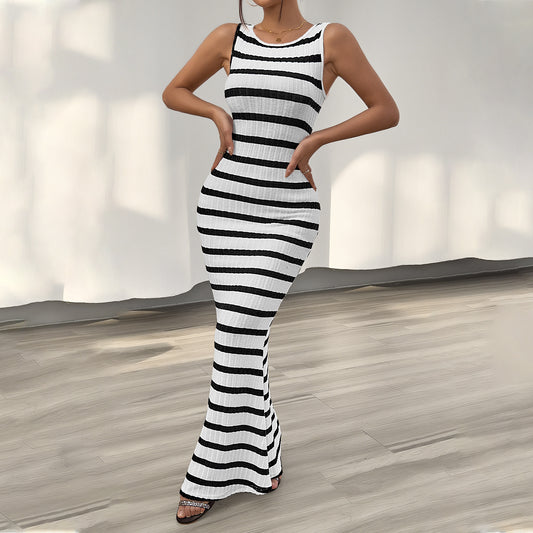 Women's Fashion Temperament Leisure Slim Striped Sleeveless Dress - Plush Fashions Shop 