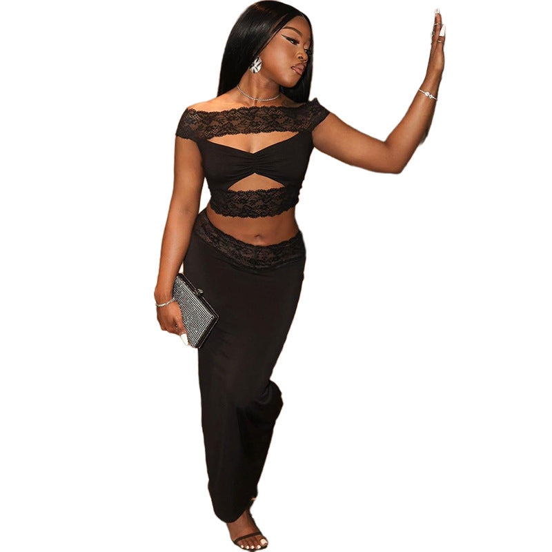 Street Ladies Hollow Lace Bare Midriff High Waist Suit - Plush Fashions Shop 