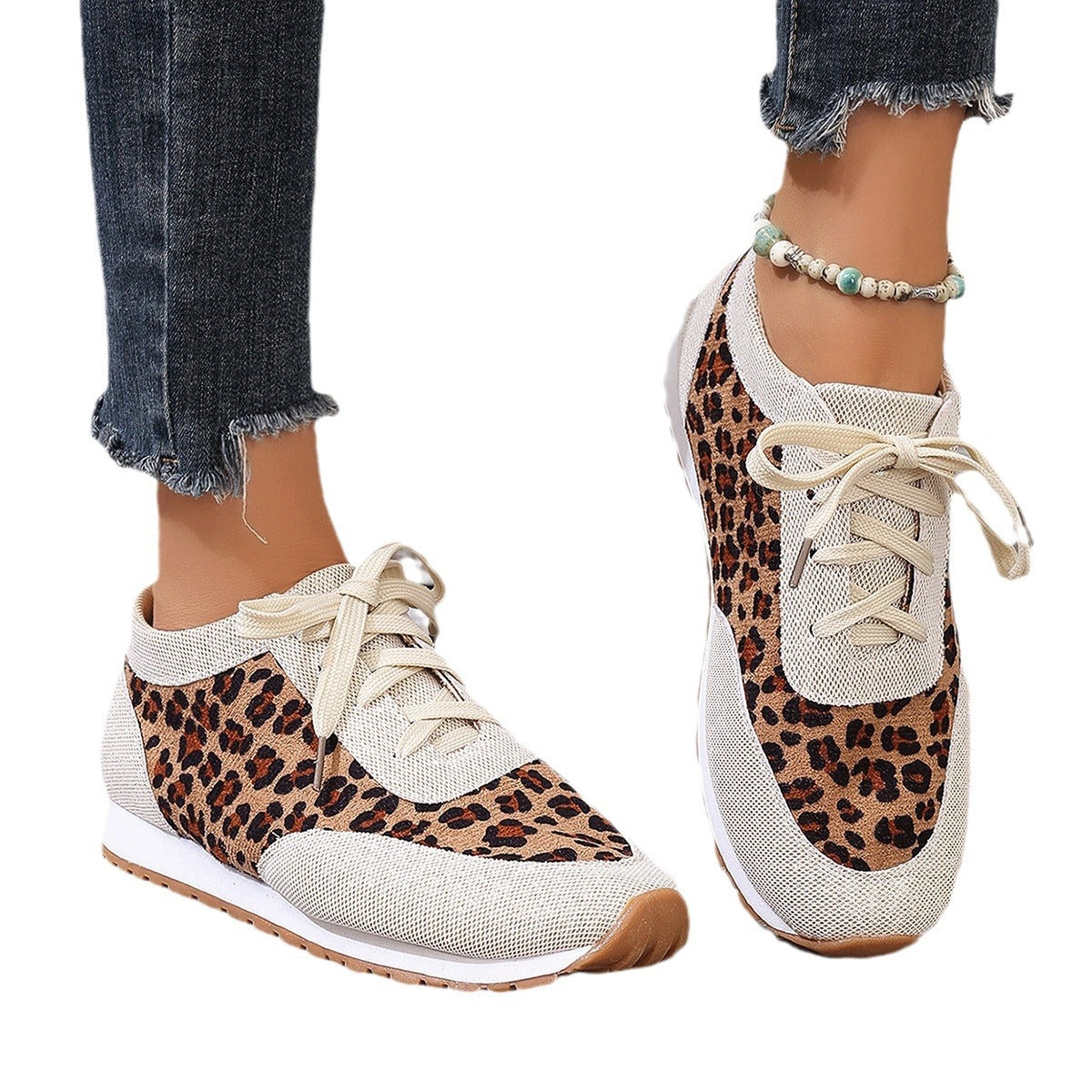 Flat Bottomed Leopard Print Lace Up Casual Sports Shoes - Plush Fashions Shop 