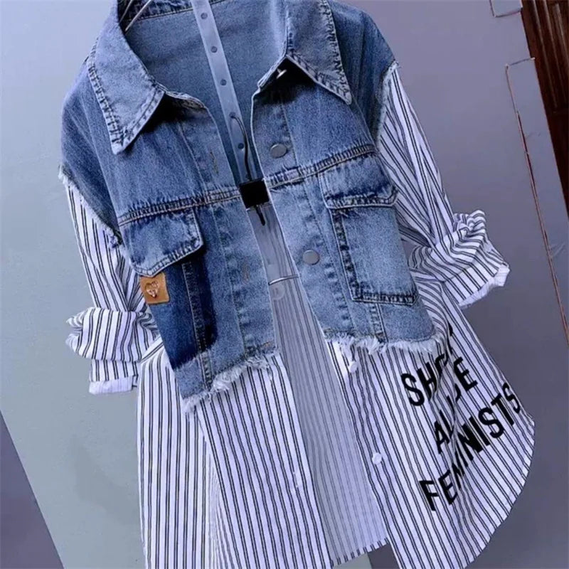 New Design Sense Stitching Women Fashion Striped Denim Jacket - Plush Fashions Shop 