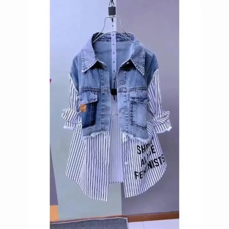 New Design Sense Stitching Women Fashion Striped Denim Jacket - Plush Fashions Shop 