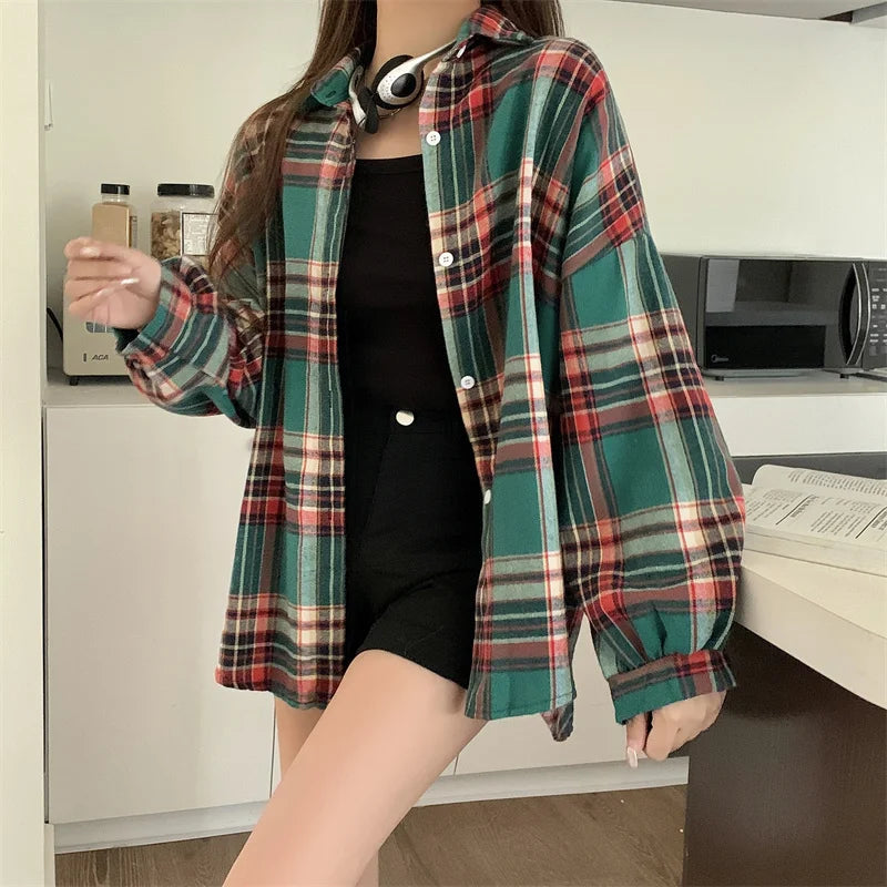 Plaid Shirt Women Autumn Long Sleeve  Vintage Fashion Single Breasted Blouse