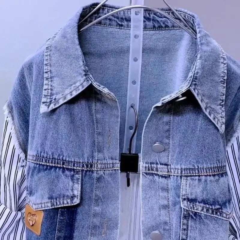 New Design Sense Stitching Women Fashion Striped Denim Jacket - Plush Fashions Shop 