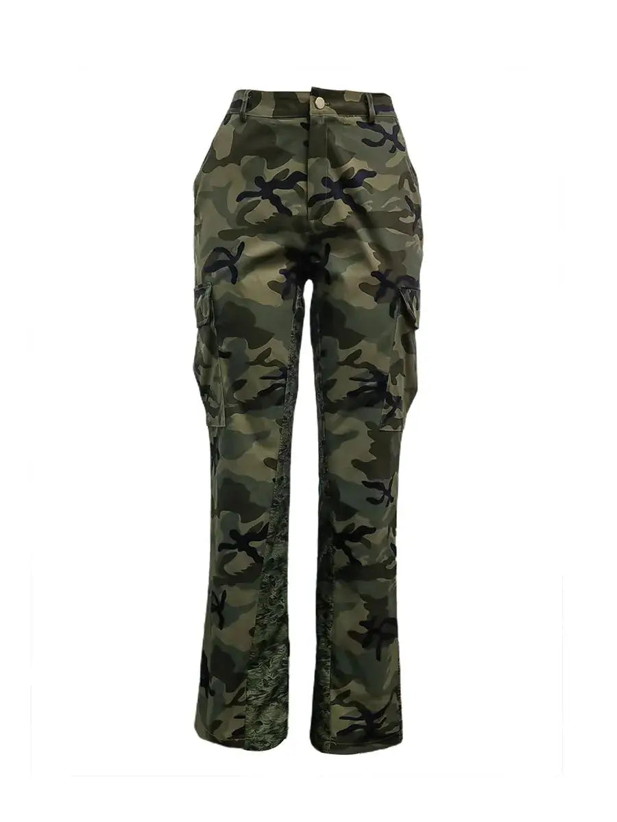 Camo Print Side Pocket Cargo Pants For Women - Plush Fashions Shop 