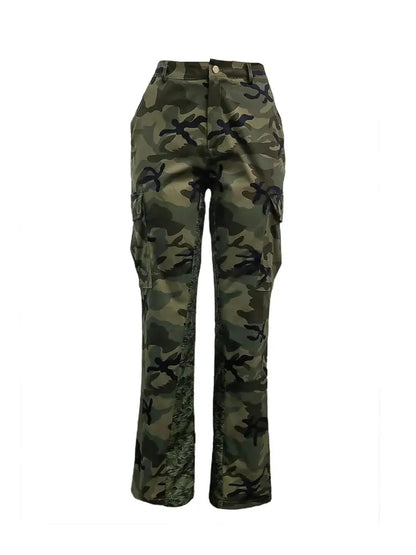 Camo Print Side Pocket Cargo Pants For Women - Plush Fashions Shop 