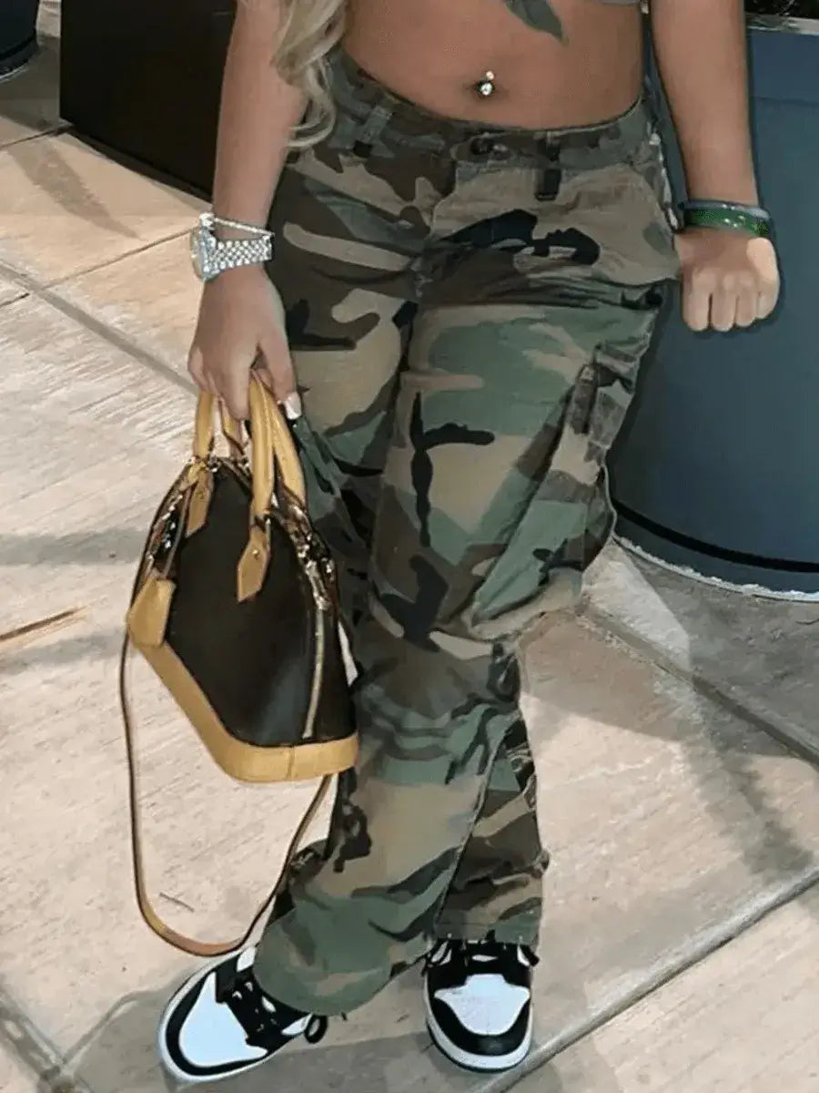 Camo Print Side Pocket Cargo Pants For Women - Plush Fashions Shop 