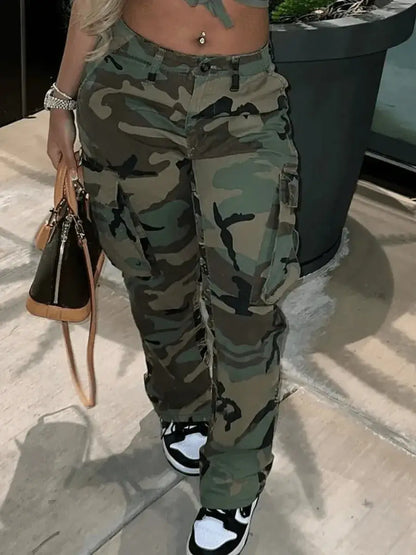 Camo Print Side Pocket Cargo Pants For Women - Plush Fashions Shop 