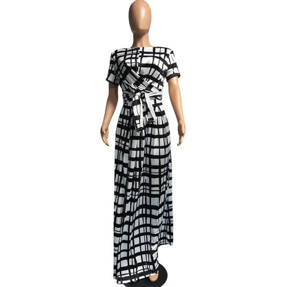 Plaid Two Piece Fashion Tie Up T-shirt and Maxi Skirts Matching Set For Women - Plush Fashions Shop 