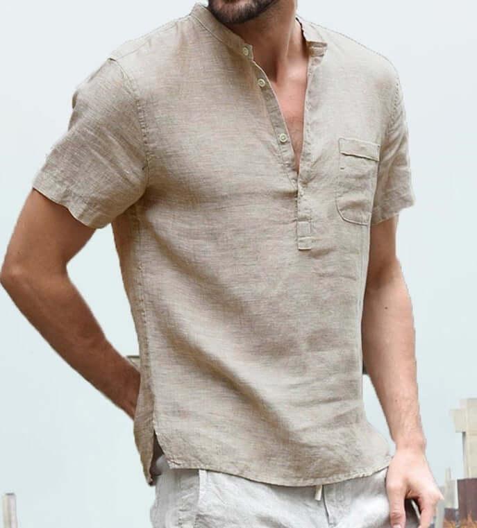 Casual Linen Solid Color Shirt Button V Neck Men Summer Tops - Plush Fashions Shop 