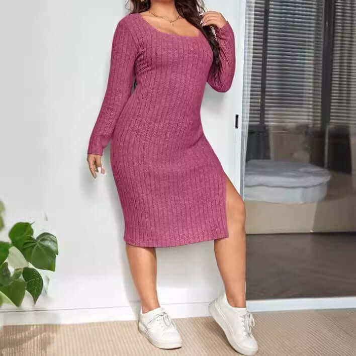 Long Sleeve Narrow Slit-fitting Sunken Stripe Knitted Dress