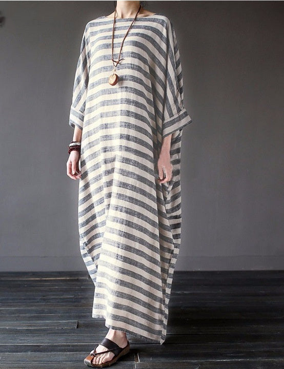 Cotton And Linen Stripes Loose Plus Size Long Dress - Plush Fashions Shop 