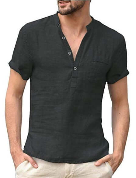 Casual Linen Solid Color Shirt Button V Neck Men Summer Tops - Plush Fashions Shop 