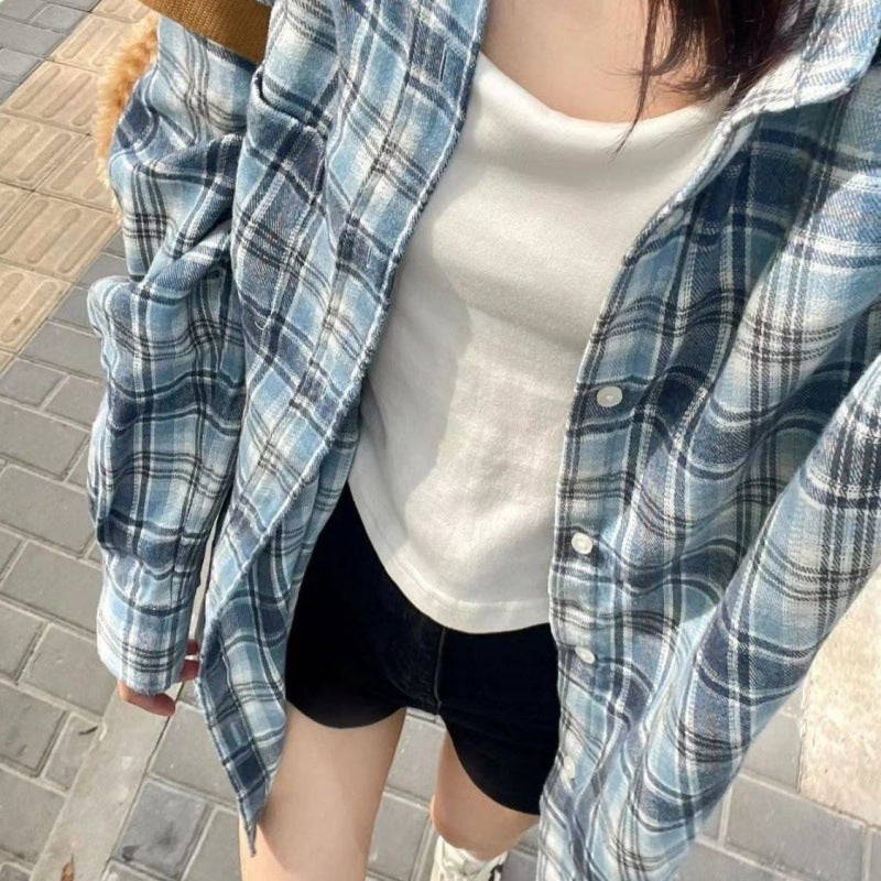 Fashionable Blue Plaid Shirt For Women - Plush Fashions Shop 