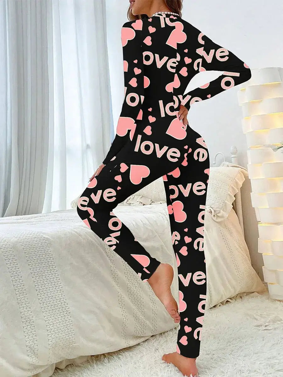 Women Jumpsuit Long Sleeve V Neck Button Closure Letters Heart Print Loungewear Sleepwear