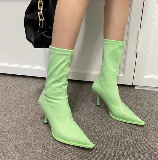 Fruit Color Pointed Toe Short Boots Women Stiletto High Heel Boots - Plush Fashions Shop 