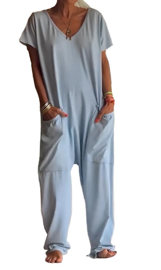 Womens Solid Color V-neck Oversized Pocket Jumpsuit - Plush Fashions Shop 