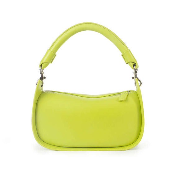 Female high-end retro diagonal handbag in green artificial leather with unique belt decoration.